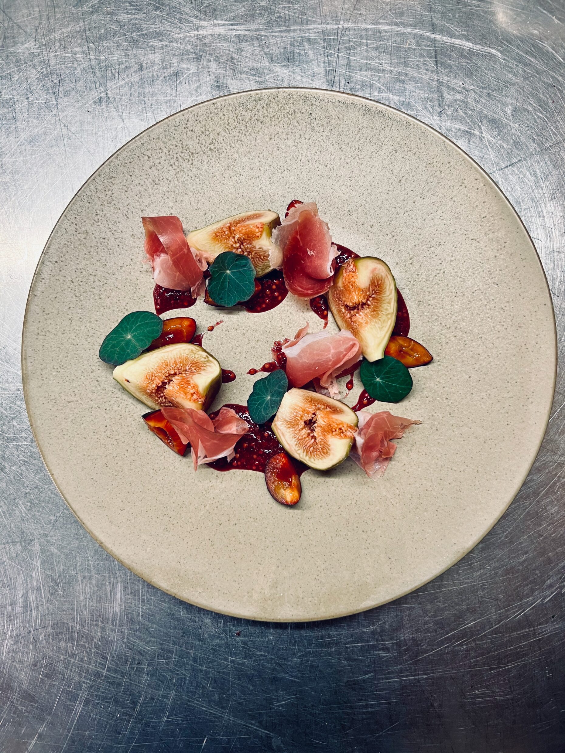 Figs with prosciutto, nasturtium, ringlet mustard and young onion ash honey